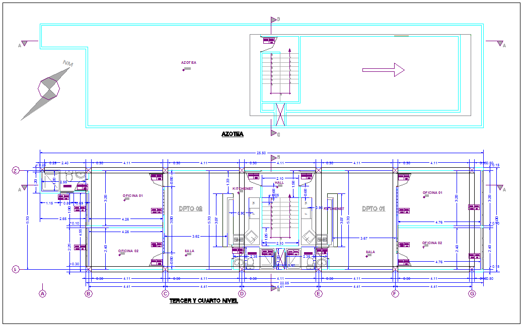 Third floor plan with roof top plan of commercial building dwg file