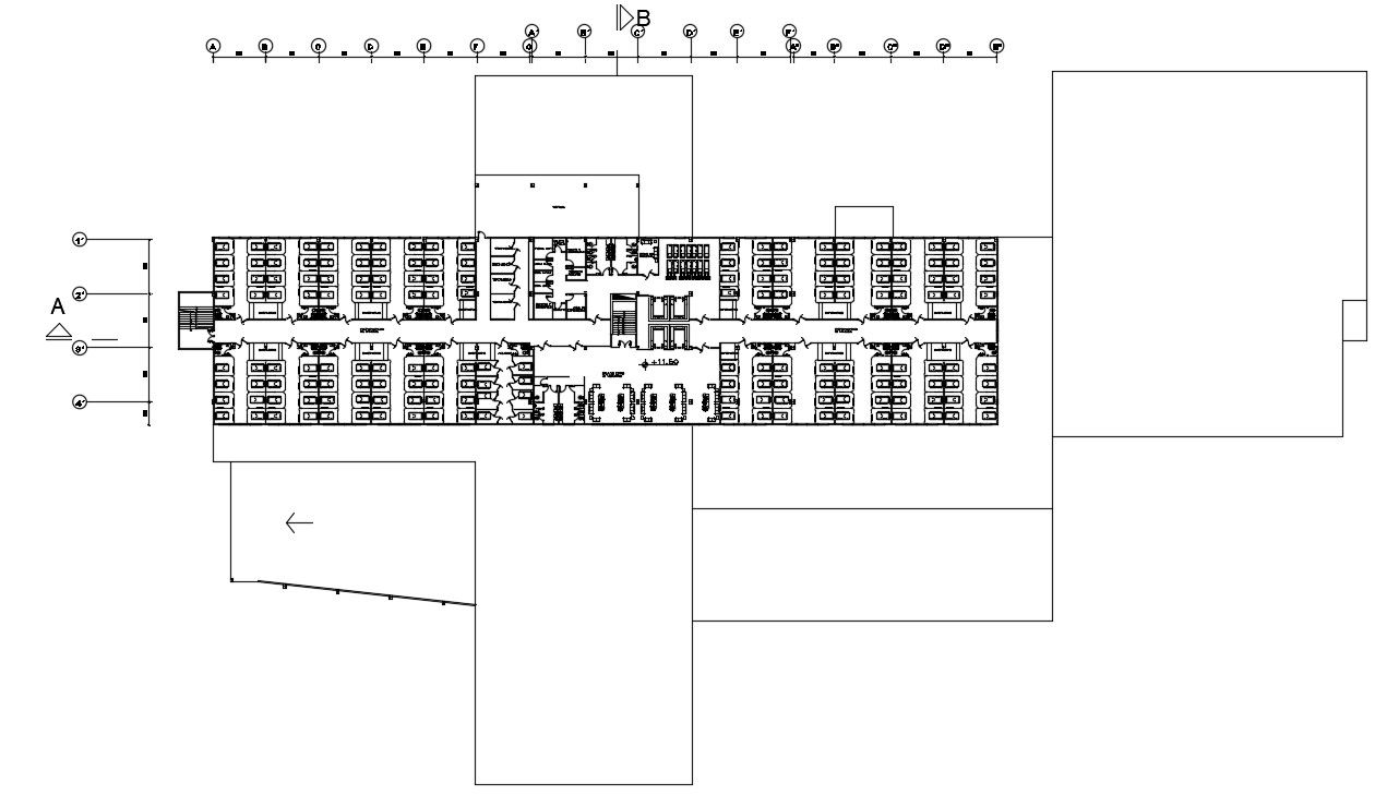 Third floor of 195x167m hospital plan is given in this Autocad drawing file. Download now.