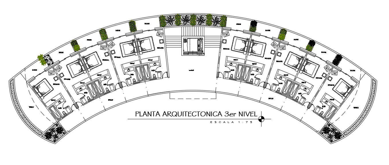 Third floor of the commercial building plan cum guest house is given in this Autocad drawing file. Download now.