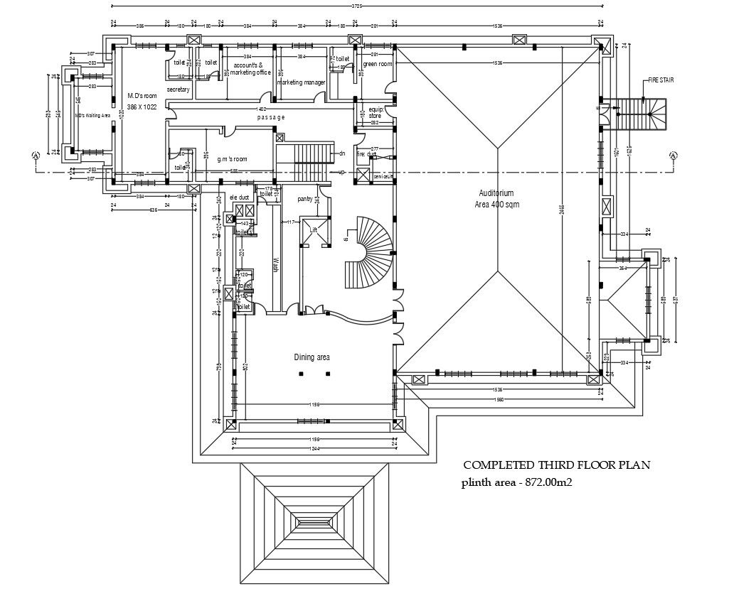 Third floor plan of resort in AutoCAD 2D drawing, dwg file, CAD file