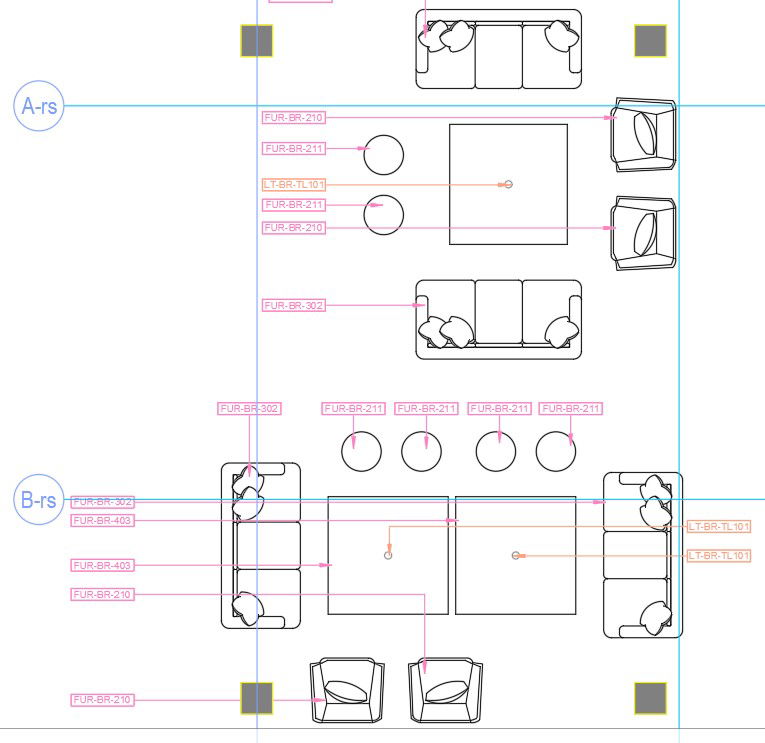 This AutoCAD drawing file presents furniture block of living room. Download the Auto Cad 2D DWG file now.
