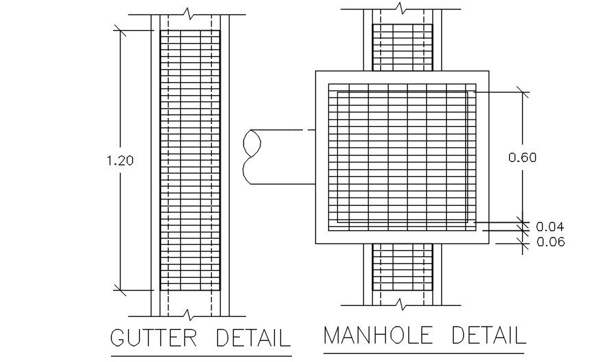 This drawing presents about Manhole Design and gutter detail. Download this 2d autocad drawing file.