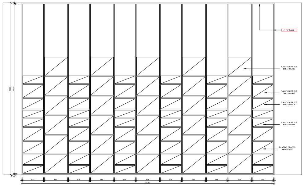 This drawing presents front elevation of a plastic locker detail. Download this 2d AutoCAD drawing file.