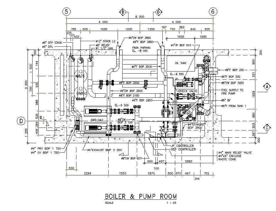 This drawing presents the boiler and pump room detail drawing in this file. Download the AutoCAD DWG file.