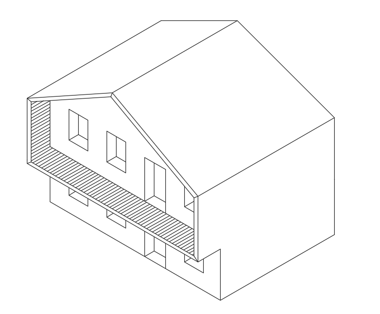 This is the 3D isometric view of the 9x9m residential building