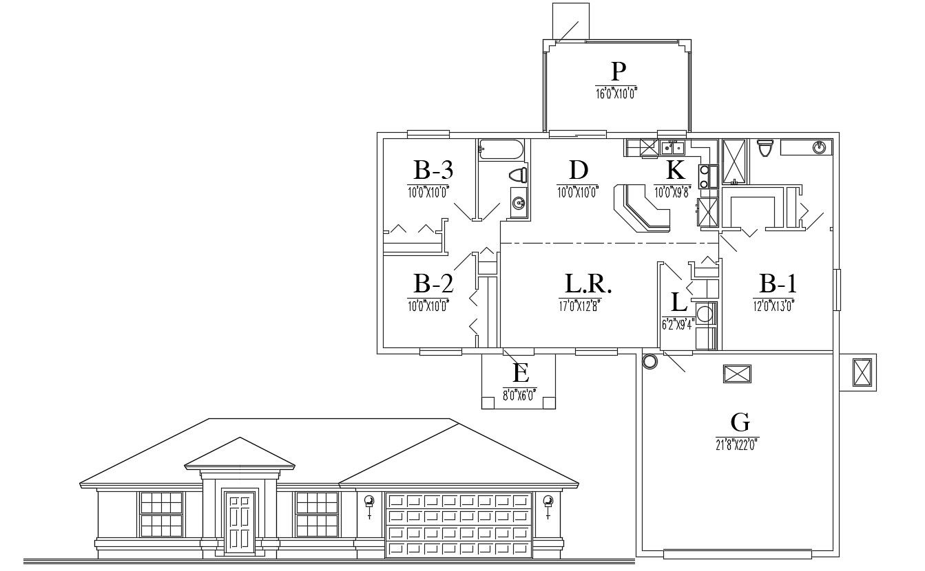 Three BHK Attic Bungalow Design Architecture Drawing