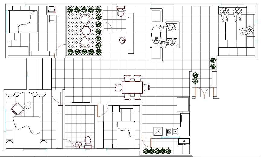 Three BHK House Design and Elevation dwg file