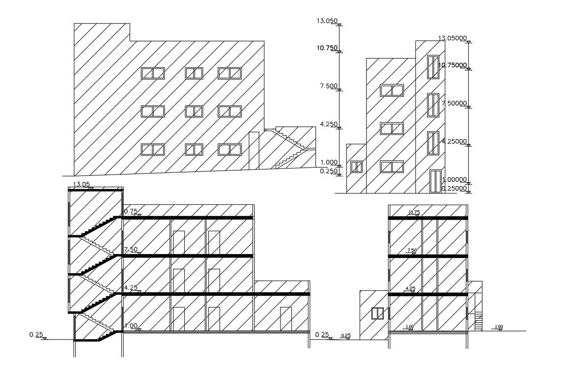 Three Floors House Elevations And Sections AutoCAD File