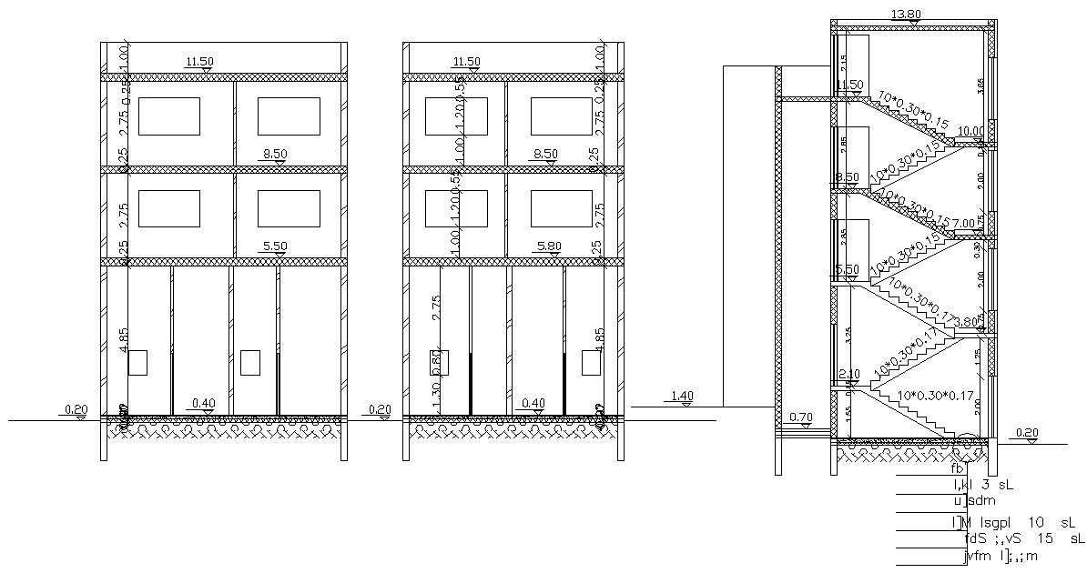Three Sections Of Small Building Design With Dimension