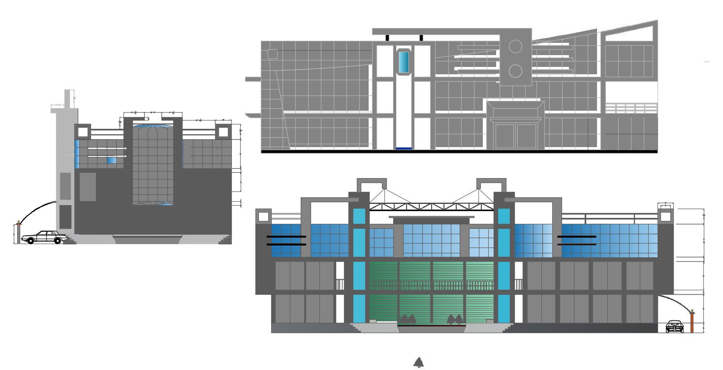 Three Side Elevation Of Commercial Building With Basic Rendered AutoCAD File