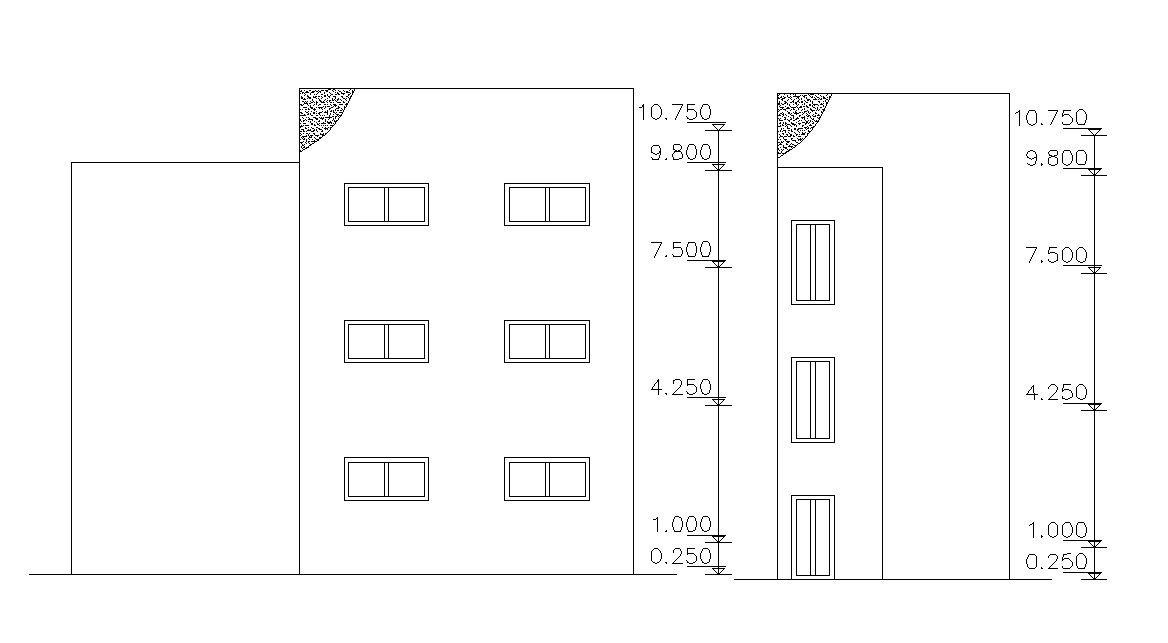 Three Story Architecture Building Elevation AutoCAD File