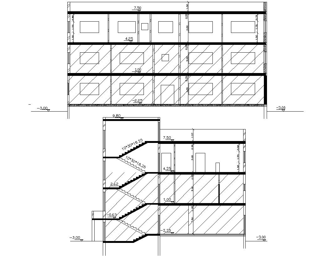 Three Story Building Section Structure Drawing CAD