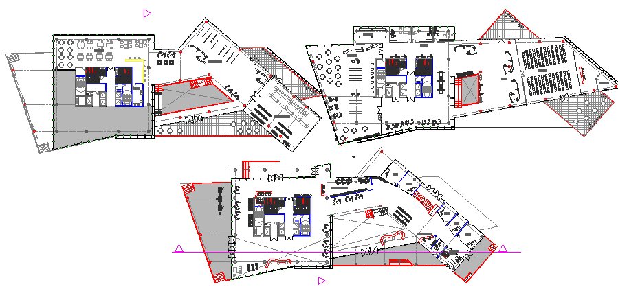Three floor plan layout details of office tower with 100 meters height dwg file