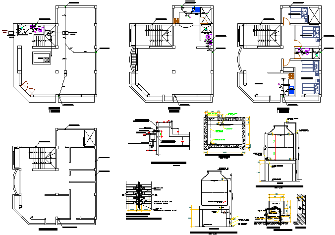 Three flooring bungalow architecture project dwg file