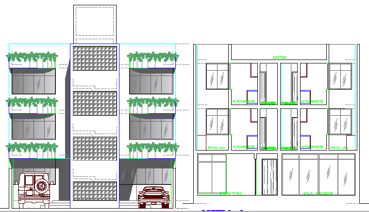 Three flooring bungalow elevation and section details dwg file