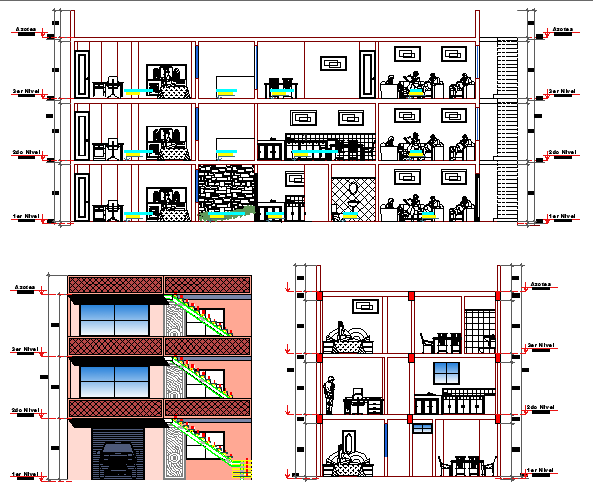 Three flooring bungalow elevation and sectional details dwg file