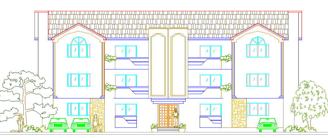 Three flooring bungalow front elevation view dwg file
