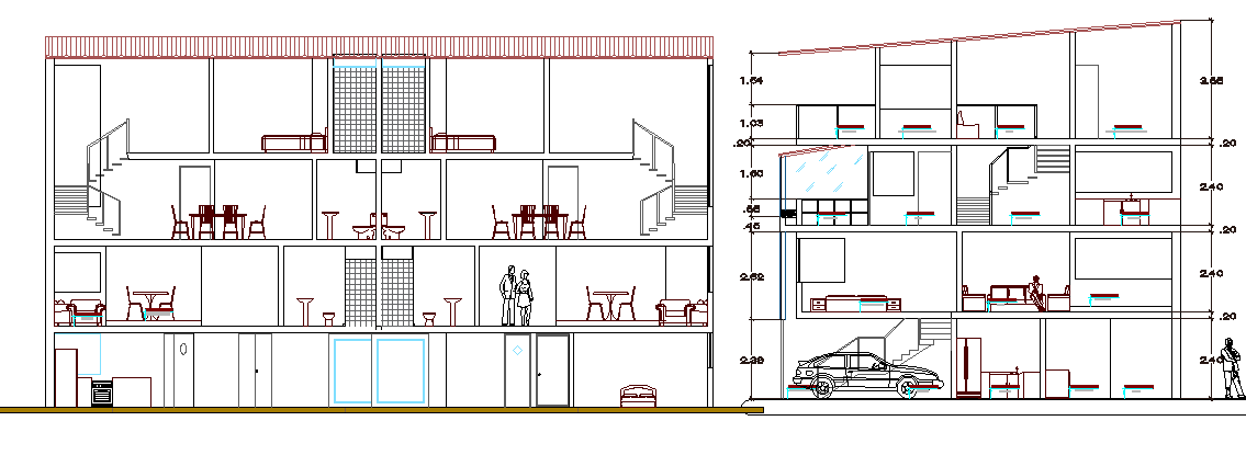 Three flooring bungalow sectional view dwg file