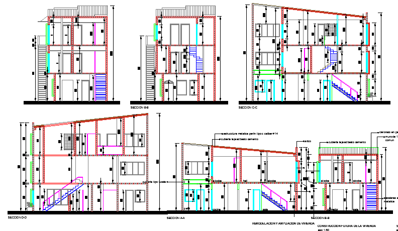Three flooring bungalow sectional view dwg file