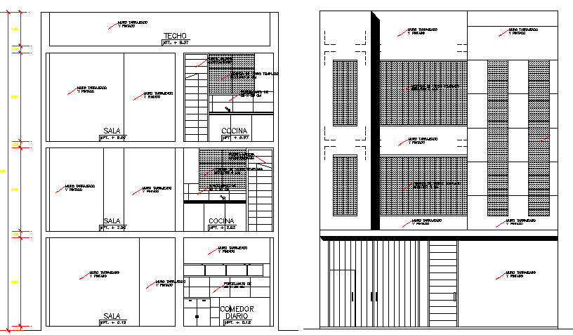 Three flooring multi-family bungalow architecture project dwg file
