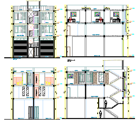 Three flooring office building elevation and sectional view dwg file
