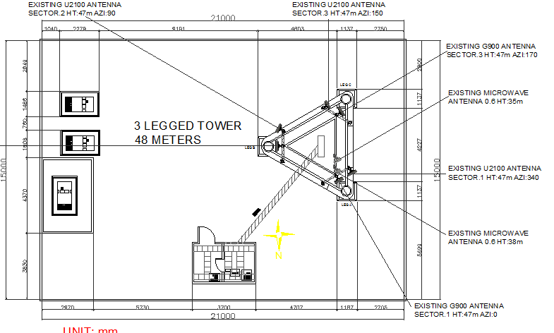 Three legged 48 meter range electric tower details dwg file