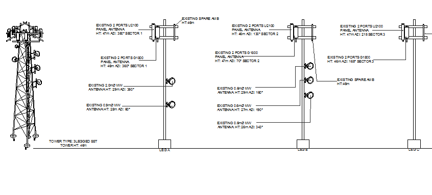 Three legged electric tower installation details dwg file