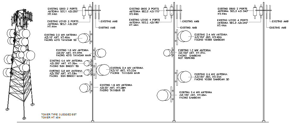 Three legged electric tower installation details dwg file