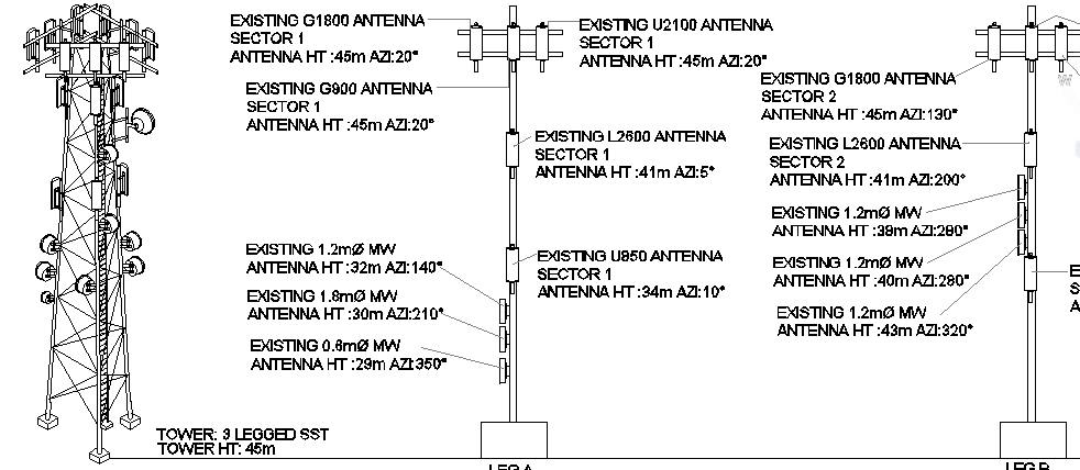 Three legged electric tower with leg detailing view dwg file