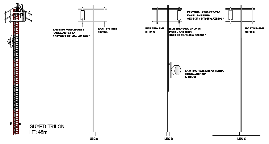 Three legged installation details of electric tower dwg file
