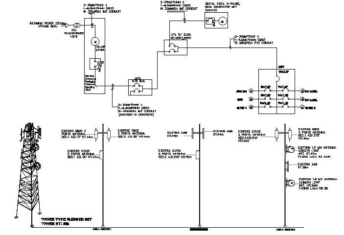 Three legged tower details with single line diagram dwg file