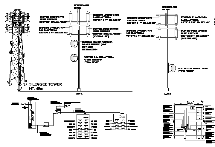Three legged tower installation with cabin details dwg file