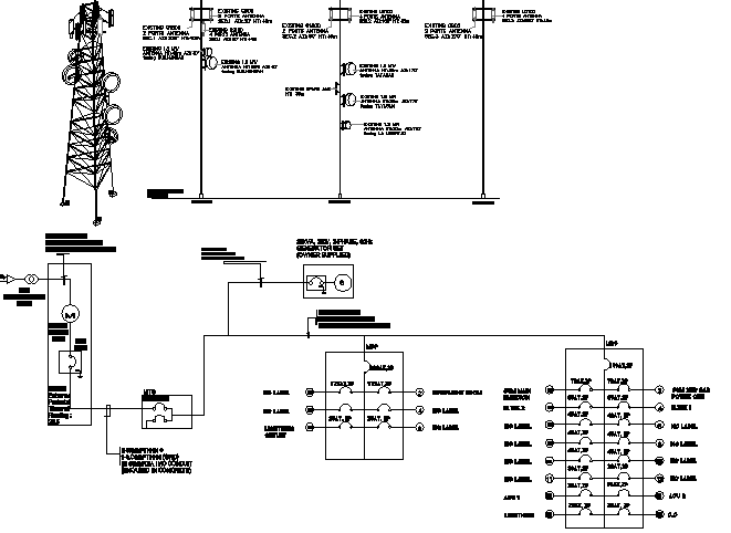 Three legged tower installation with leg and diagram details dwg file