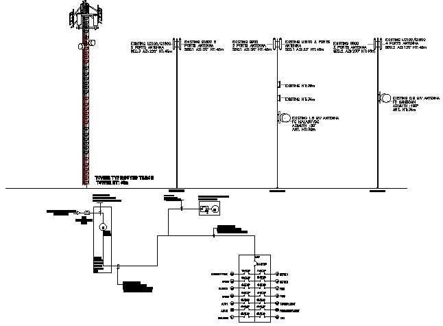 Three legged tower view with leg installation details dwg file