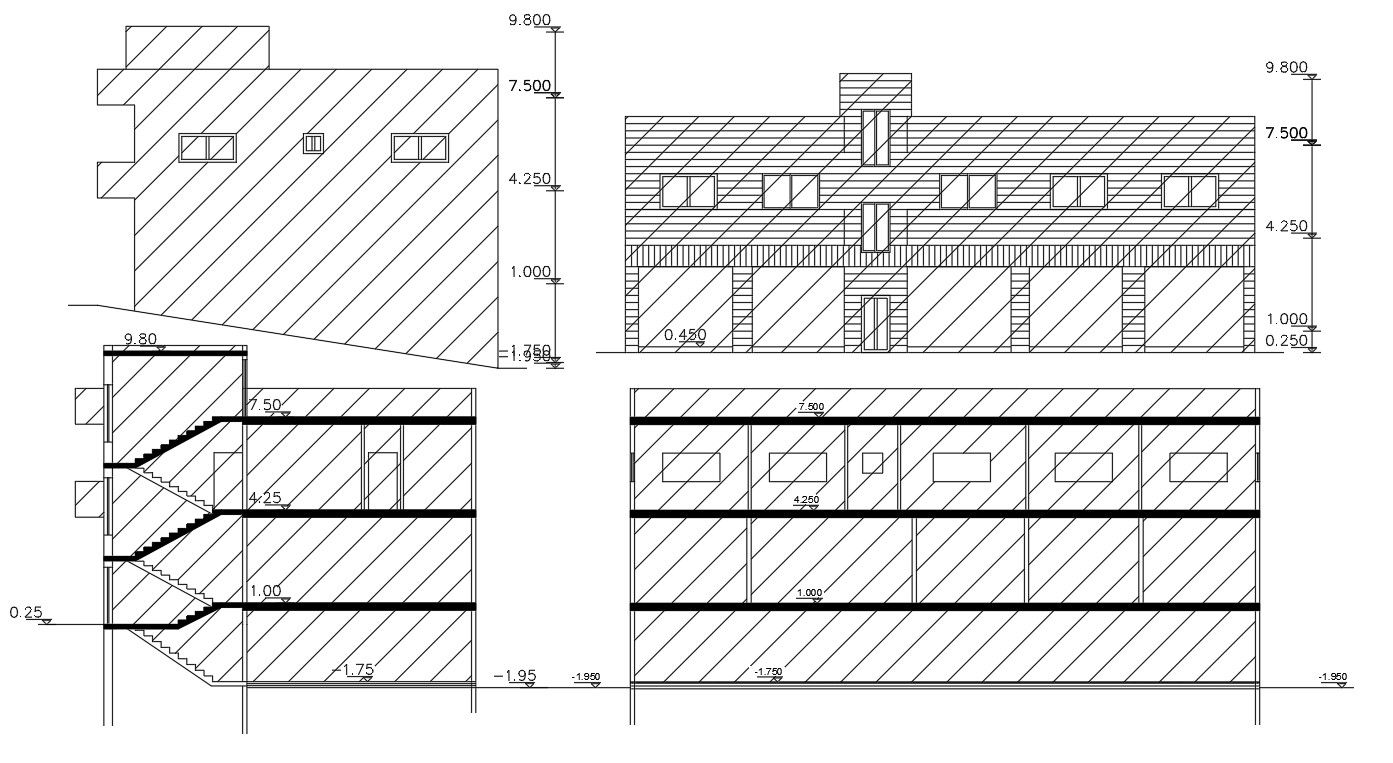 Three level apartment building elevations and sections dwg file