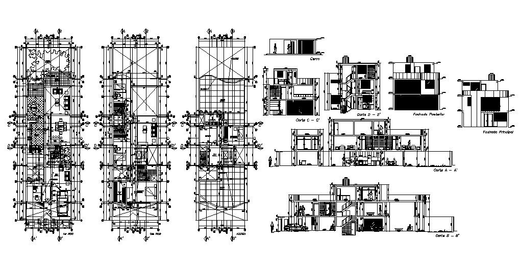 Three level house building elevation, section, floor plan and auto-cad details dwg file