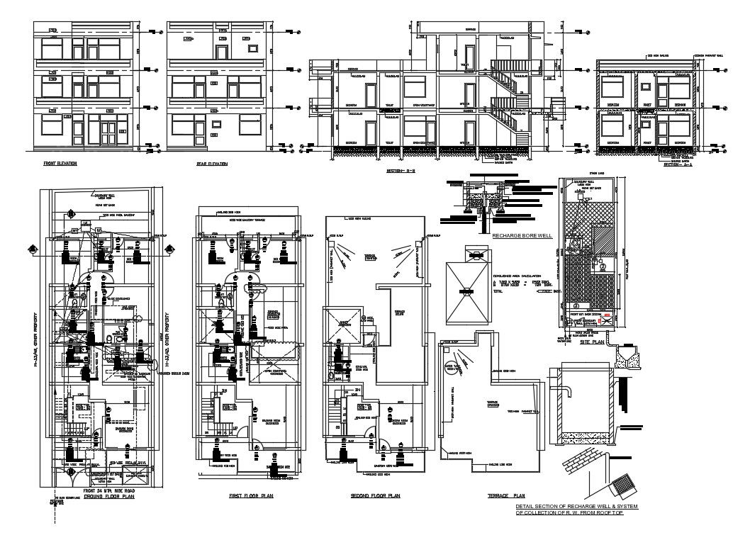 Three level house elevation, section and electrical layout plan of all floors cad drawing details dwg file