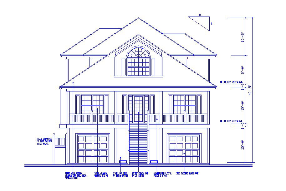 Three level house facing elevation cad drawing details dwg file