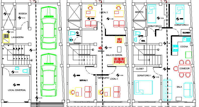 Three level house floor plan details dwg file