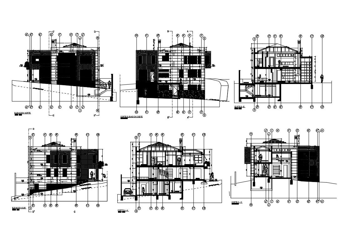 Three level luxuries bungalow all sided elevation and sectional details dwg file