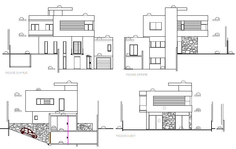 Three level modern house elevation and section details dwg file