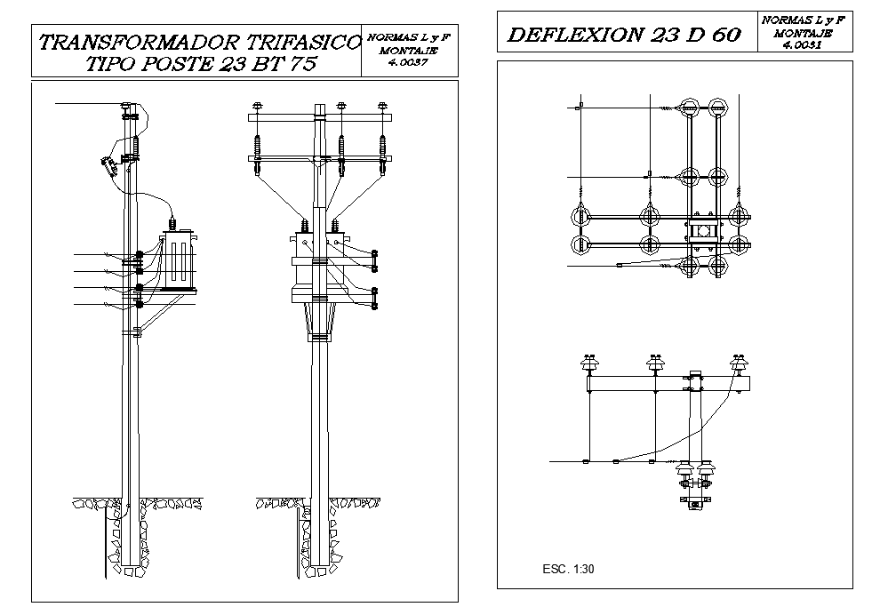 Three-phase transformer pole type 23 to 75 detail dwg file