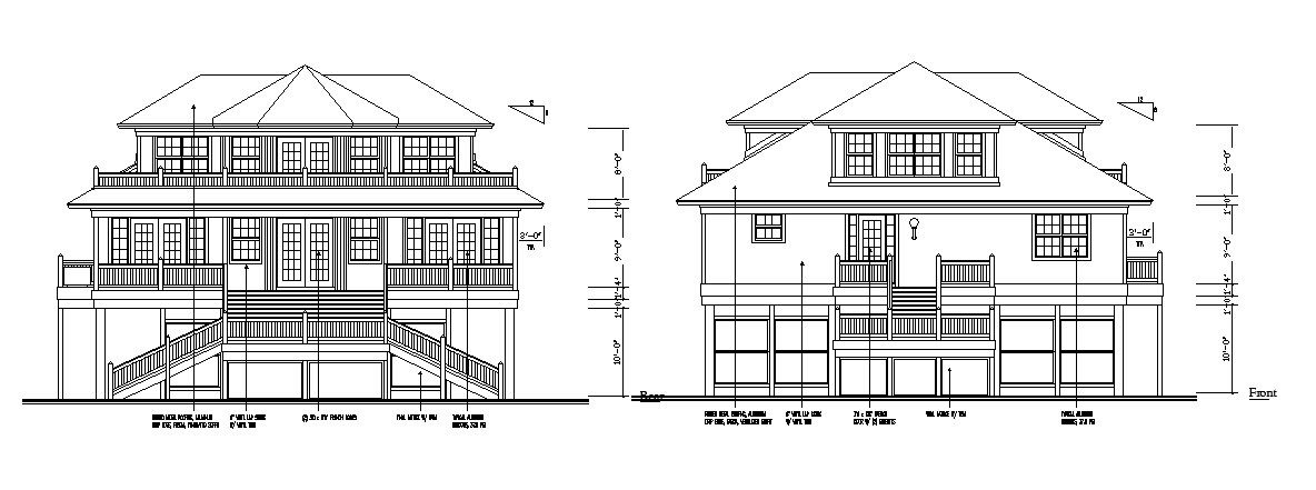 Three story classic house front and rear elevation dwg file