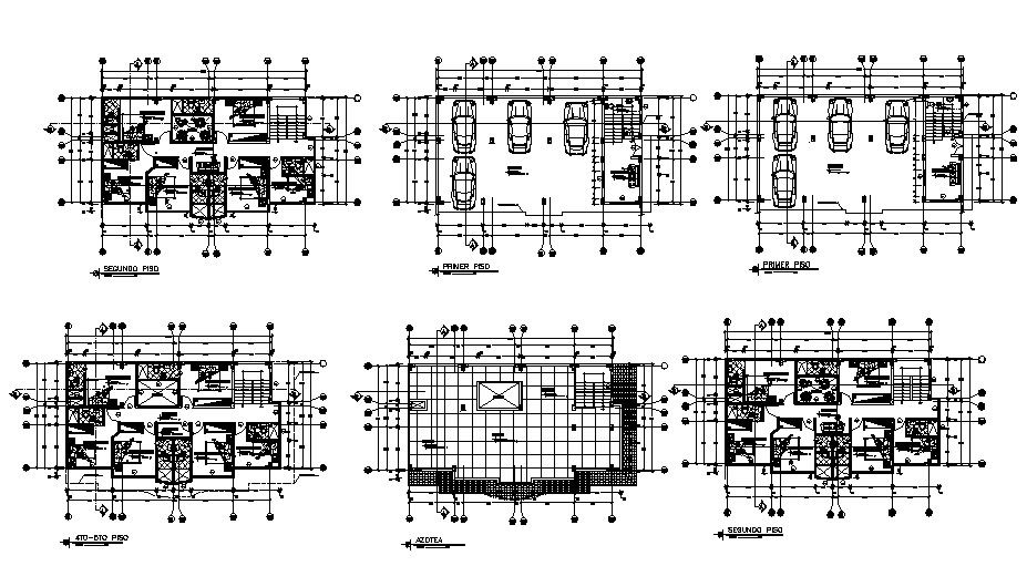 Three story hostel building floor plan details dwg file