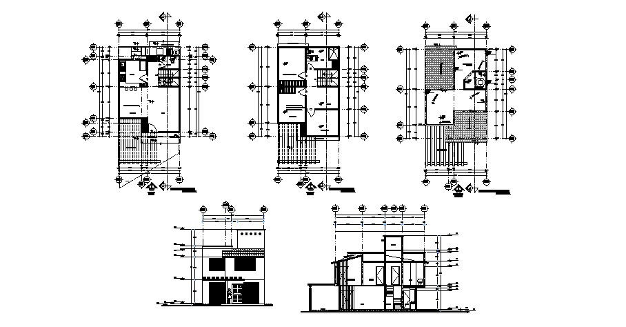 Three story house elevation, section and floor plan cad drawing details dwg file