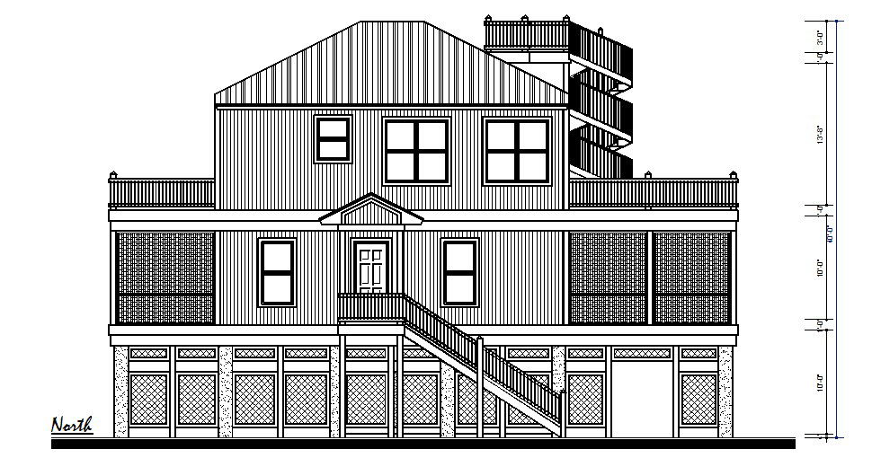 Three story residential house front elevation autocad drawing