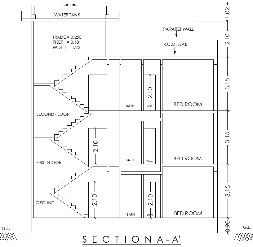 3 Floor Residential Section Layout Design in AutoCAD File
