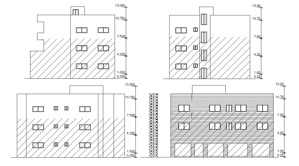 Three Storey Residential And Commercial Building Elevations CAD