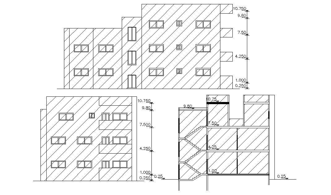 Three Story Apartment Elevations And Section Design AutoCAD File