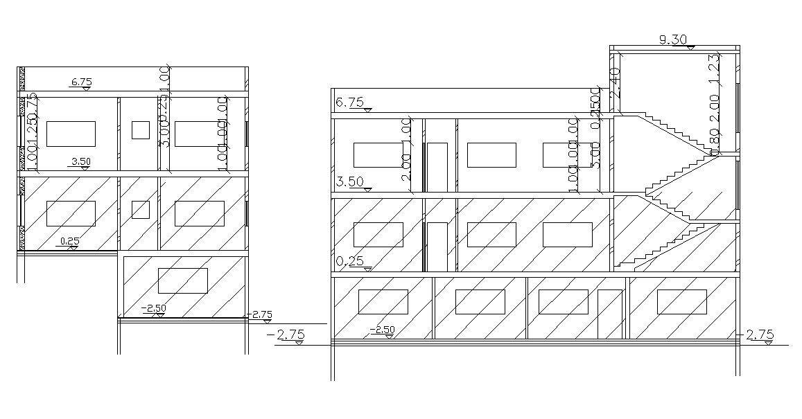 Three Story Residential Building Sections AutoCAD Drawing